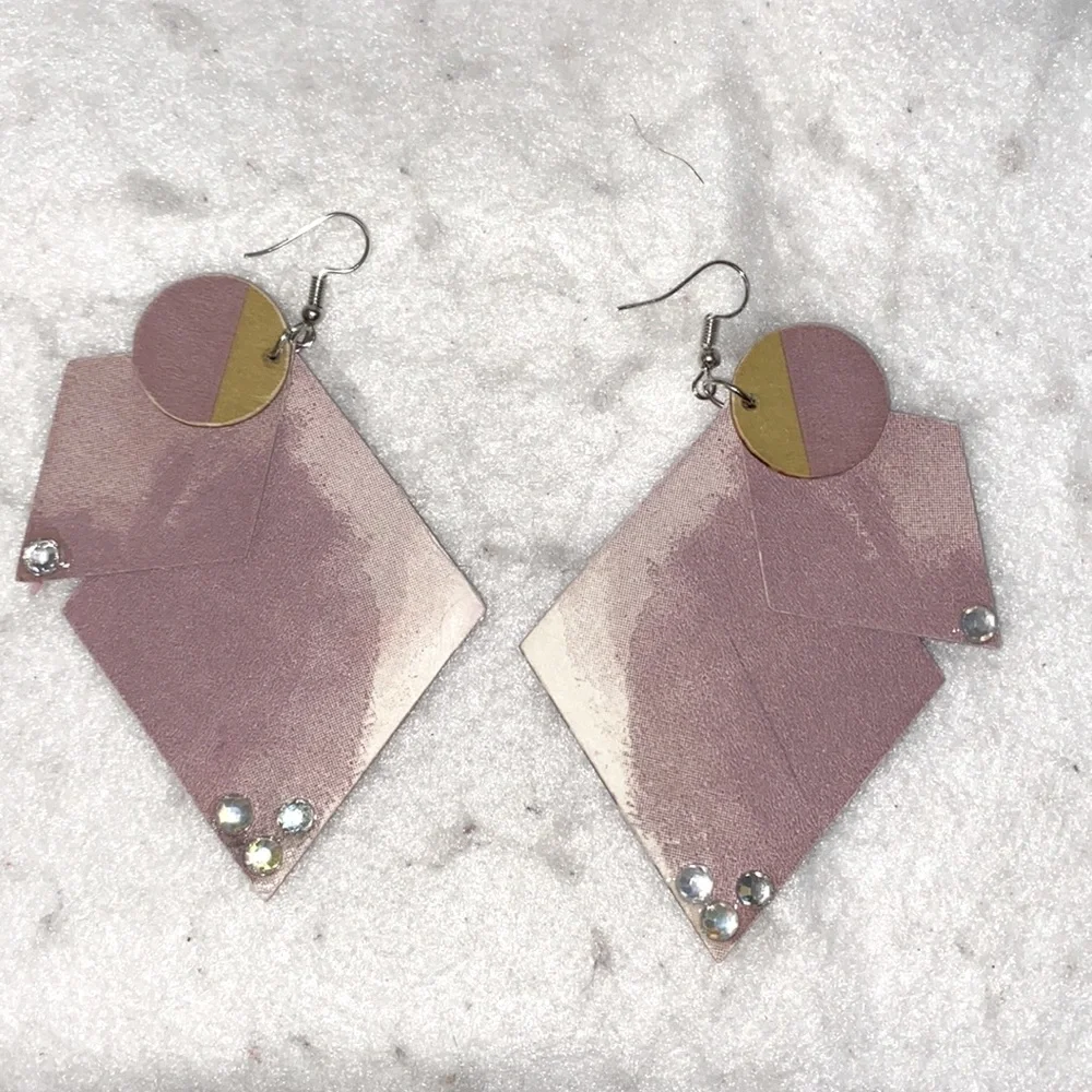 Handcrafted Lavender Triangle Wood Dangle Earrings Boho Hippie Rhinestone 3" Dro - Picture 3 of 7